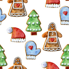 Seamless pattern. Christmas cookies on an isolated white background, watercolor illustration, sweets.