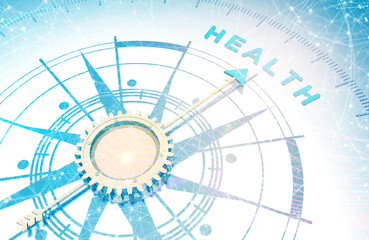 Medicine concept. Abstract compass points to the health word. 3D rendering