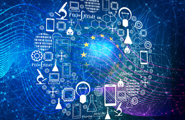 Innovation and technology concept. Template for presentation. Circle frame with thin line icons. Flag of European Union. 3D rendering.