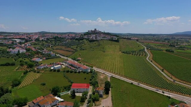Aerial view of Evoramonte on a hill overlooking countryside, Portugal.