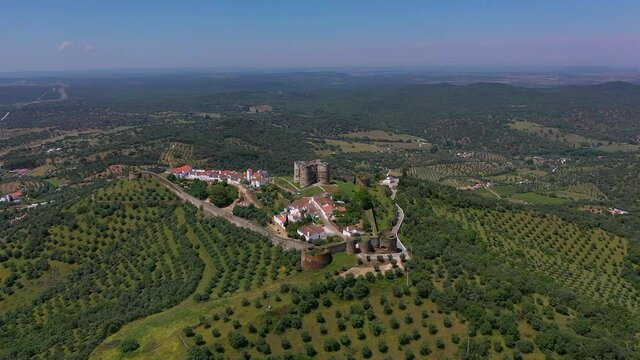 Aerial view of Evoramonte on a hill overlooking countryside, Portugal.