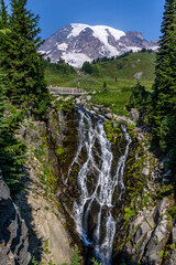 Mt. Rainier landscape with braided water of Myrtle Falls on a sunny summer day, Paradise at Mt. Rainier National Park, Washington State, USA
