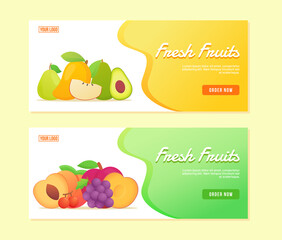Fresh Fruits avocado apple guava mango pear peach cherry plum grape campaign for ui ux template banner with color flat style