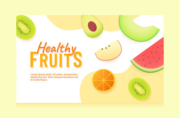 Healthy fruits slice half kiwi avocado melon water melon orange apple campaign for ui ux template banner with color flat style