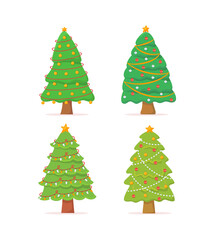 Christmas tree set collection hand drawn white isolated background with color flat style vector design