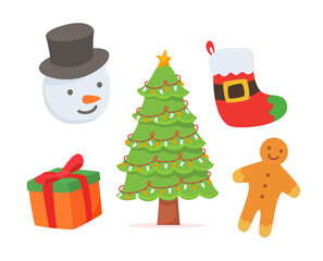 Christmas element set collection package socks snowman christmas tree gift box ginger cookies white isolated background with color flat style