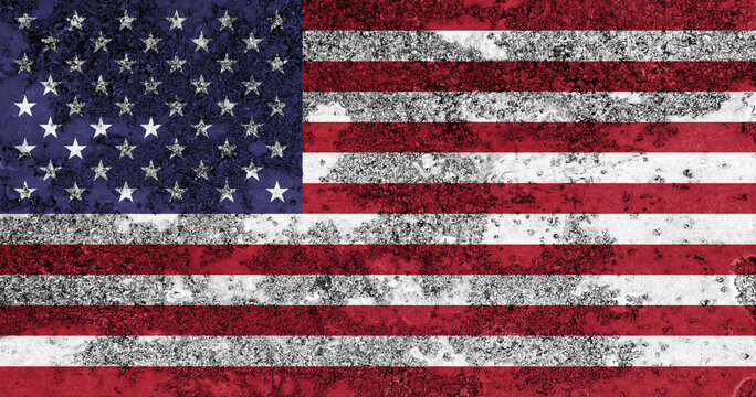 Flag of The United States of America painted on the old grunge rustic iron surface. Abstract paint of The United States of America national flag on the iron surface