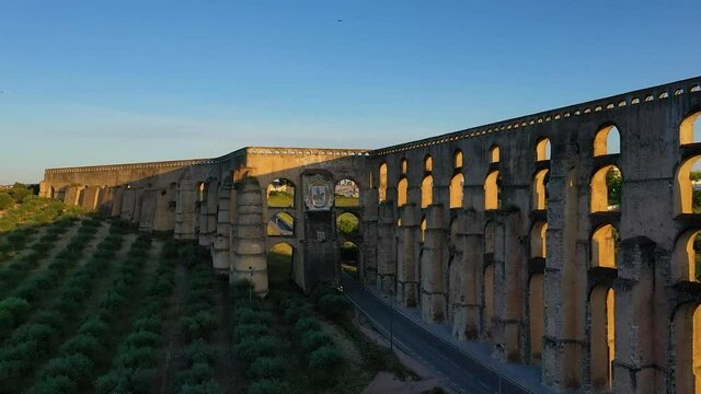Aerial view of Amoreira Aqueduct in the city of Elvas, Portugal.