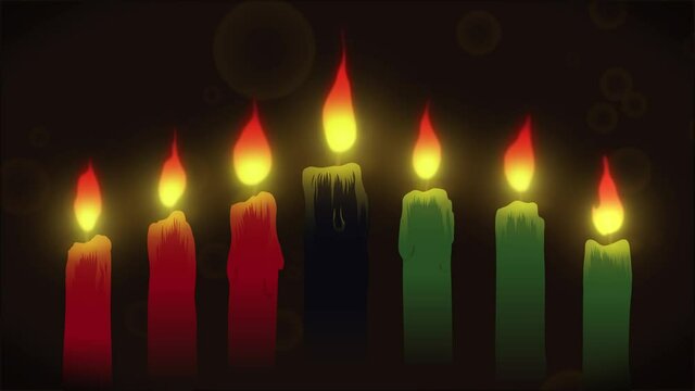 Template for Kwanzaa with traditional red, black and green candles lighted over dark background. Video animated 4K
