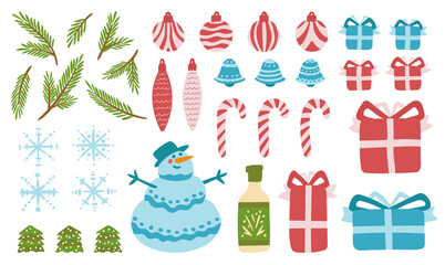 Big set of Christmas objects. Snowflakes, snowman, branches, trees, toys, bells, gifts. Vector hand drawn illustration. Cute objects for banners and graphic design.