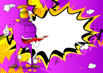 Cartoon bottle of hand sanitizer gel for hygiene with face reading a red book and making a point.