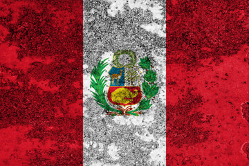 Flag of Peru painted on the old grunge rustic iron surface. Abstract paint of Peru national flag on the iron surface