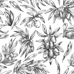 Olives seamless pattern suitable for textiles, black and white in engraving style, vintage