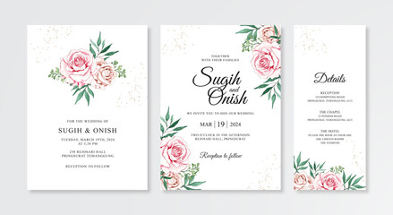 Fototapeta na wymiar Beautiful wedding invitation card template with hand painted watercolor flower