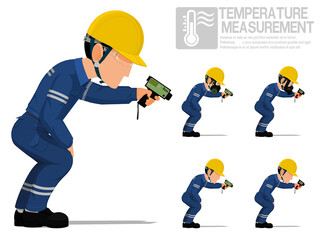 Set of industrial worker using pyrometer for measuring temperature.