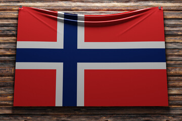 Fototapeta premium 3D illustration of the national fabric flag of Norway nailed on a wooden wall .Country symbol.