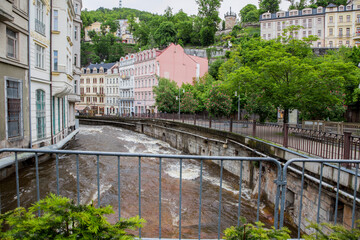 View of the embankment and the Tepla river in Karlovy Vary in the Czech Republic