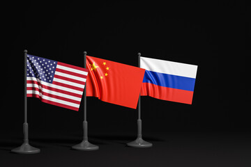 3D illustration of the national flags of USA, Russia and China on a metal flagpole fluttering on black background.Concept of export-import,transportation, delivery of goods. 