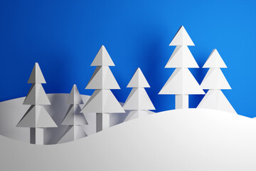 Fototapeta premium 3D illustration white coniferous trees in a winter forest with large snowdrifts. Christmas trees in origami styles. happy new year