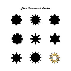 Find the correct shadow, an educational game for children. Set with silhouettes of gears matching activity for children .
