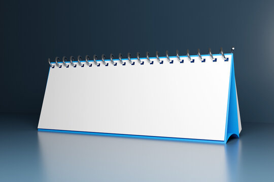 3D ilustration empty desk calendar, loose-leaf notebook on  gray table on monocrome background. Mockup design concept. 3D rendering