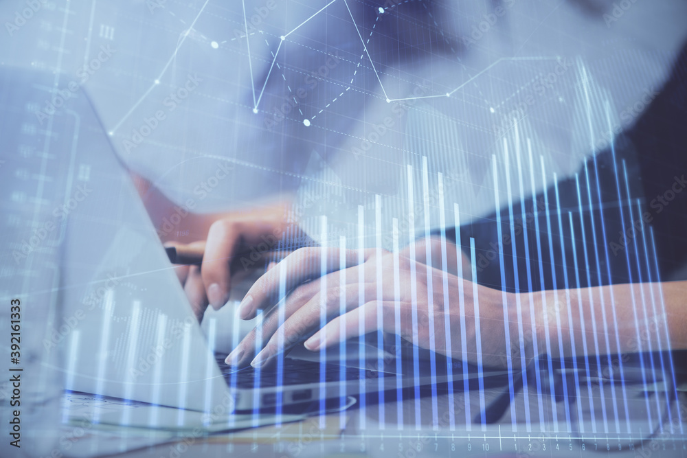 Poster multi exposure of woman hands typing on computer and financial graph hologram drawing. stock market 
