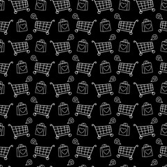 bags and shopping carts with hearts seamless pattern. sale background, wrapping paper, label, banner. sketch hand drawn doodle. vector monochrome minimalism.