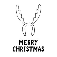 deer antlers on the rim and lettering merry christmas. template card, poster, wish, invitation. sketch hand drawn doodle. vector scandinavian monochrome minimalism.