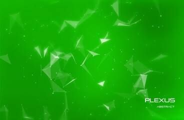 Abstract plexus background with network polygons. Green digital science banner. Network connection effect. Geometric triangle elements. Technology concept with shape structure.Vector illustration.
