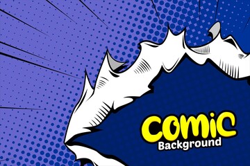 Retro comic background halftone dots, pop art style, with torn paper effect. Vector illustration. 