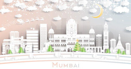 Mumbai India City Skyline in Paper Cut Style with Snowflakes, Moon and Neon Garland.