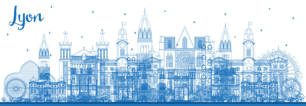 Outline Lyon France City Skyline with Blue Buildings.