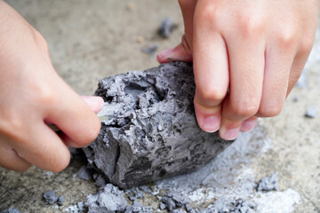 kids enjoyed the archaeological dig at home during the early childhood holidays.Selective focus