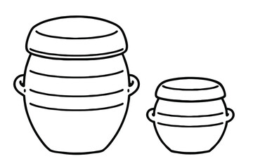 Two kind(Jar and pot) of Onggi. Onggi is Korean earthenware, which is extensively used as tableware, as well as storage containers in Korea. Vector line art illustrations set.