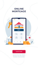 Online mortgage vertical banner for concept of new home buying. House, bank building, loan contract, house keys, Buy button on phone screen. Vector illustration in flat design
