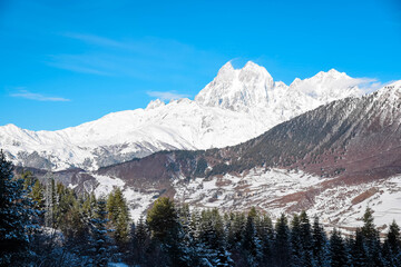 The Caucasus in winter is covered with snow around the village of Ushguli. World heritage village In Georgia