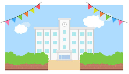 Fototapeta premium 校舎のイラスト 学校のベクターイラスト フレーム素材