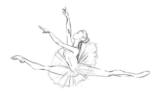 A Young Ballerina. Freehand Drawing of a Ballet Dancer Girl. Vector Illustration of a Dancing Woman. Monochrome Sketch of a Dancing Jump. Classical Choreography Style. Free Hand Draw. Realistic Style.