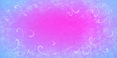 festive banner template in blue and pink, decorated with ornate curls. Frame, place for text in the center. Magic fairy backdrop.