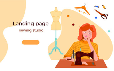 landing page with seamstress character and sewing machine. Vector illustration.