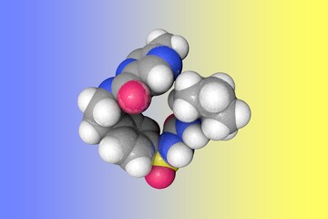 Molecular model of glipizide. Atoms are represented as spheres with color coding: carbon (grey), oxygen (red), nitrogen (blue), hydrogen (white), sulfur (yellow). 3d illustration