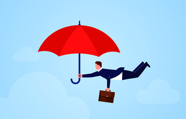 Red umbrella protects businessman flying in the sky, concept illustration of insurance