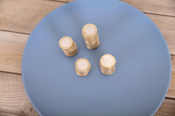 Stacks of euro coins on a blue plate
