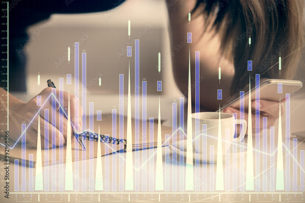 Poster Double exposure of forex graph sketch hologram and woman holding and using a mobile device. Stock market concept.