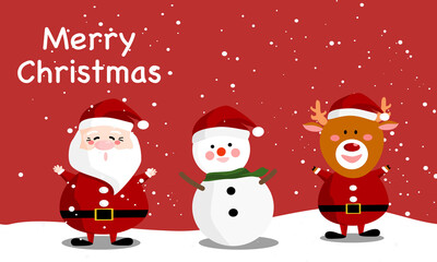 Happy Santa Claus and his friends standing on snow.Christmas card.