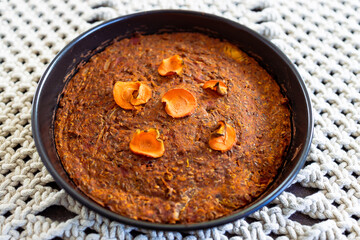 plant-based food,  vegan lentil loaf with carrots and onions
