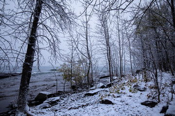 Lake Superior in winter. View from Union Bay Campground Porcupine Mountains Wilderness State Park in Michigan.