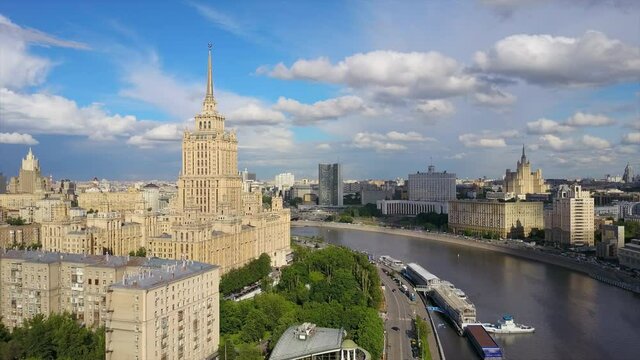 sunny day moscow city river bay famous buildings aerial flight over panorama 4k russia