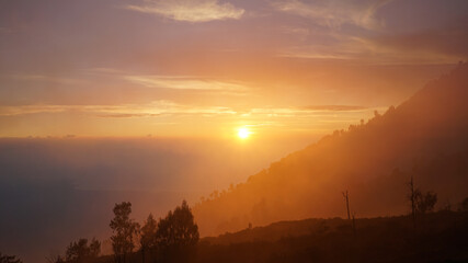Ijen Crater sunrise views between Banyuwangi and Bondowoso Regencies of East Java, Indonesia.