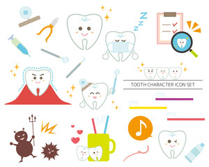 Vector illustration set of tooth characters. Caries. Orthodontics